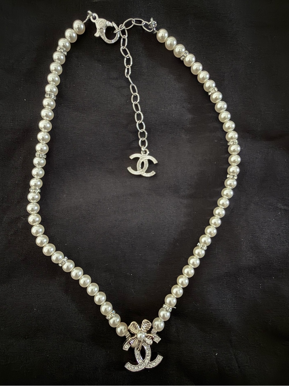 Chanel Faux custom Pearl Necklace with Silver, Gold-Tone Crystals CC Pendant